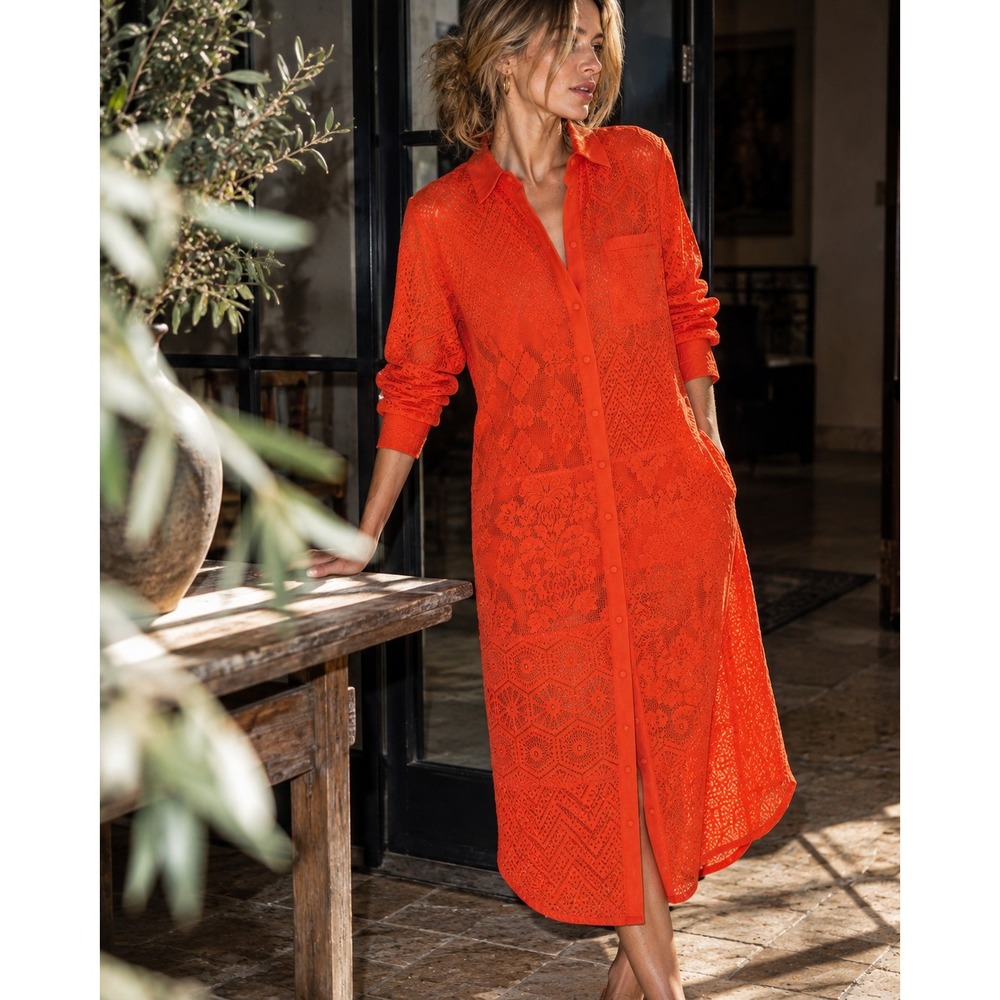 NWT Anthropologie Maeve Long Sleeve Lace Collared Shirt Dress Orange XS